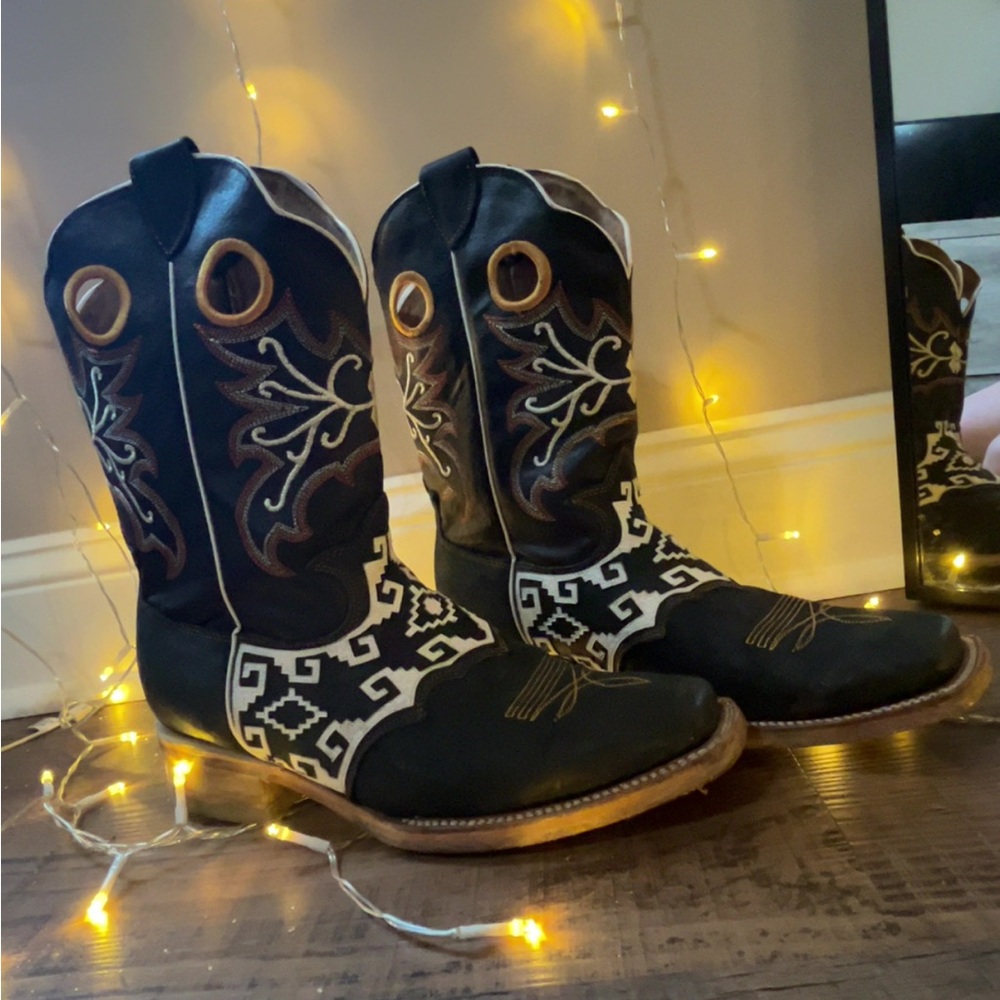 Men’s Black Western Cowboy Boots with a red yellow and orange stitching